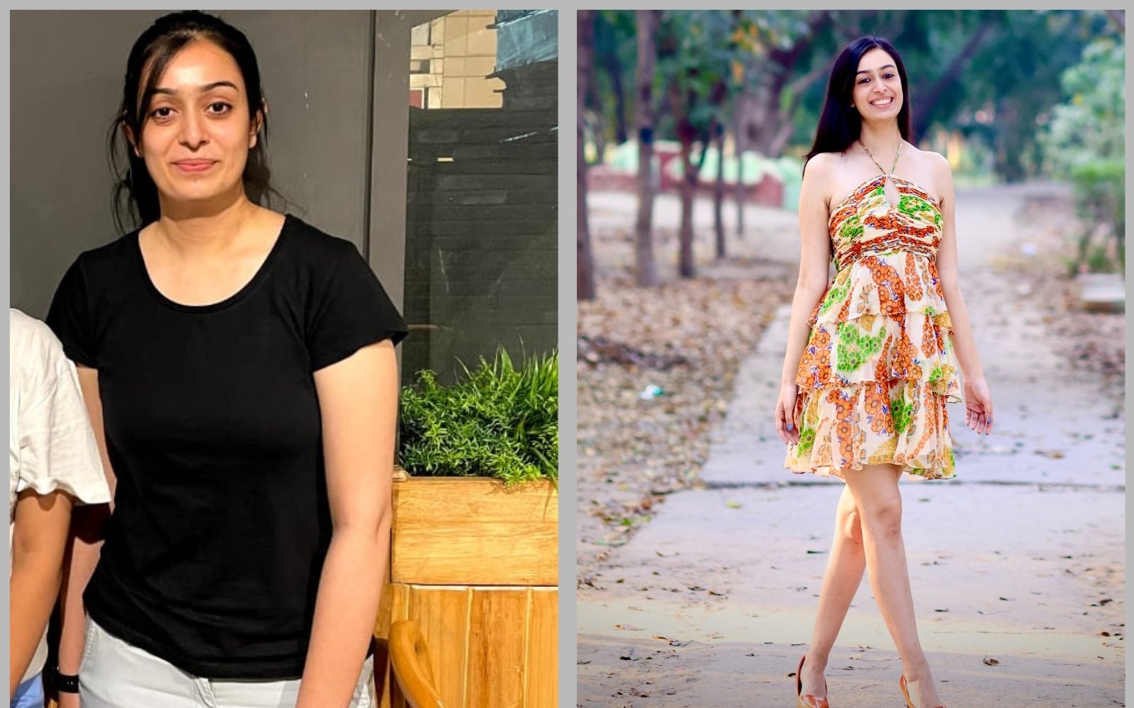 Weight loss transformation before and after — Dr. Akanksha Mangotra, physician at Artemis Corporate Clinic, a hypnotherapy client of Dr. Maruti Sharma